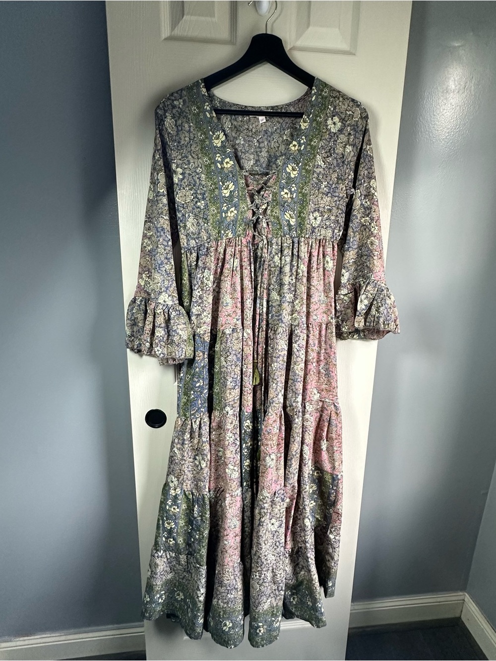 Floral Lace-Up Tiered Midi Dress in Green and Pink